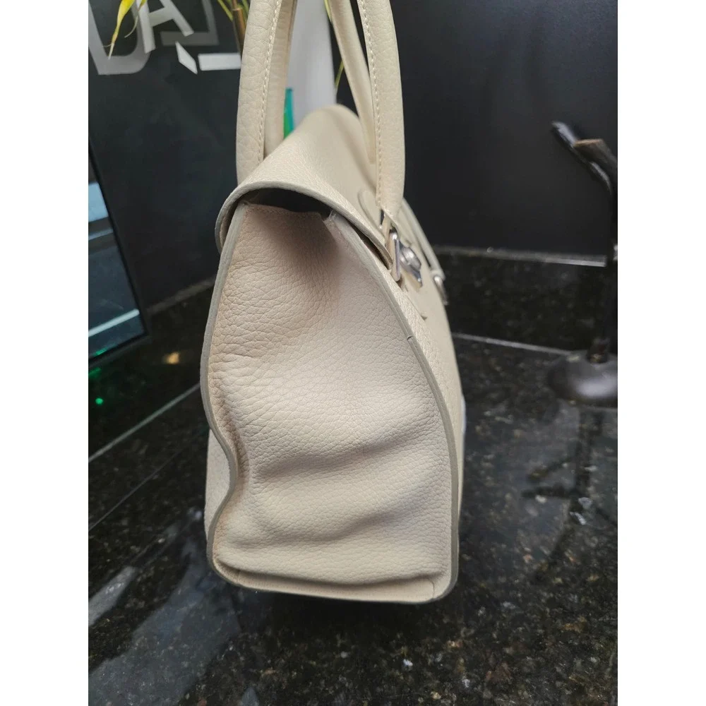 Dooney & Bourke Large Flap Satchel Cream Pebbled Leather Silver Lock Top Handle